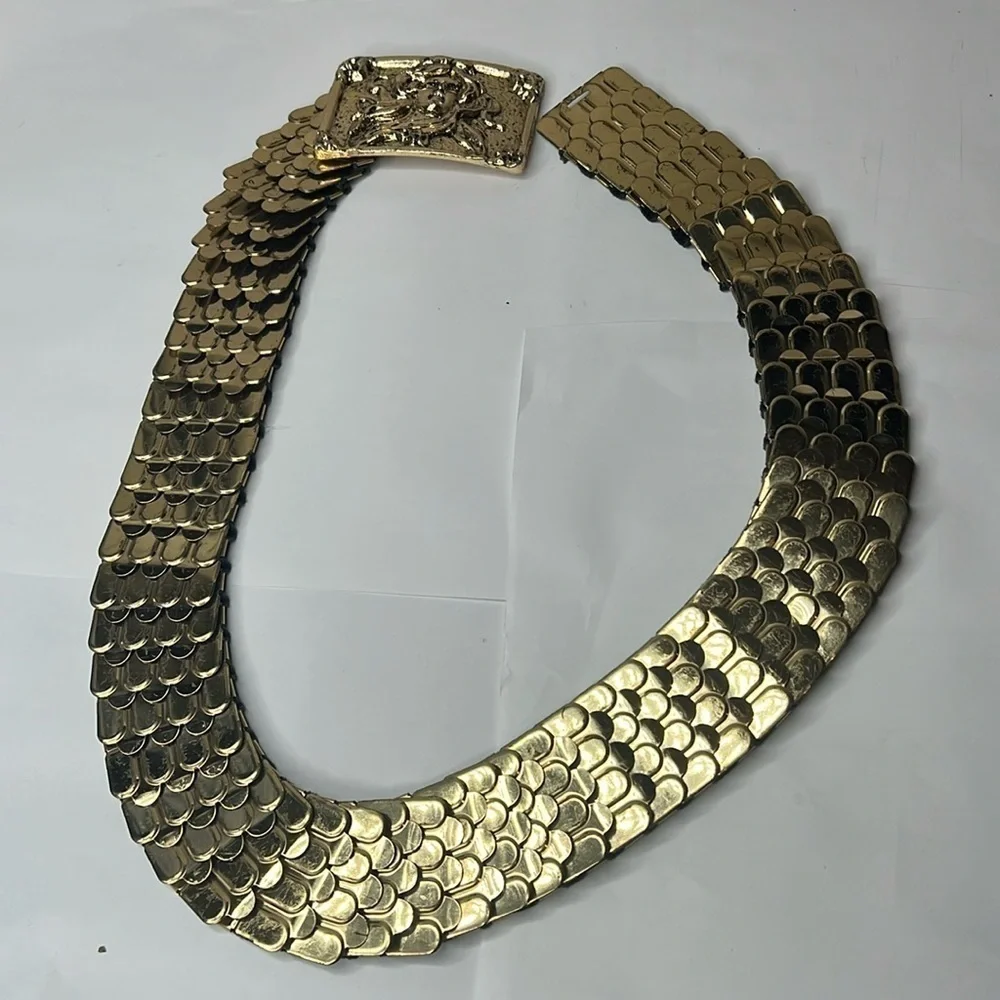 Vintage XL 36-44” Elastic Goldtone Metal Front Clasp Art Buckle Belt